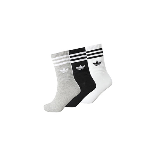 Calzini Adidas Originals 3-Pack; Misto Cotone e Fibre Riciclate. Design a tre strisce con logo Trifoglio, bordo a coste, unisex. Calze sportive resistenti e iconiche. Grigio nero e bianco