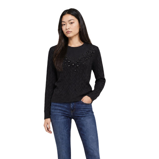 Maglione nero donna Liu Jo con perle – Maglia lavorata a trecce con applicazioni gioiello Liu Jo TF6187 MA25S.