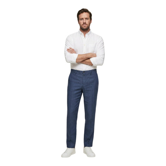 Pantaloni Borghese PSE579GR; 100% lino, Regular Comfort Fit. Chiusura con bottone, tasche laterali, tessuto ultra-traspirante. Pantalone estivo elegante e leggero, ideale per look business e casual. Colore blu vista frontale figura intera 