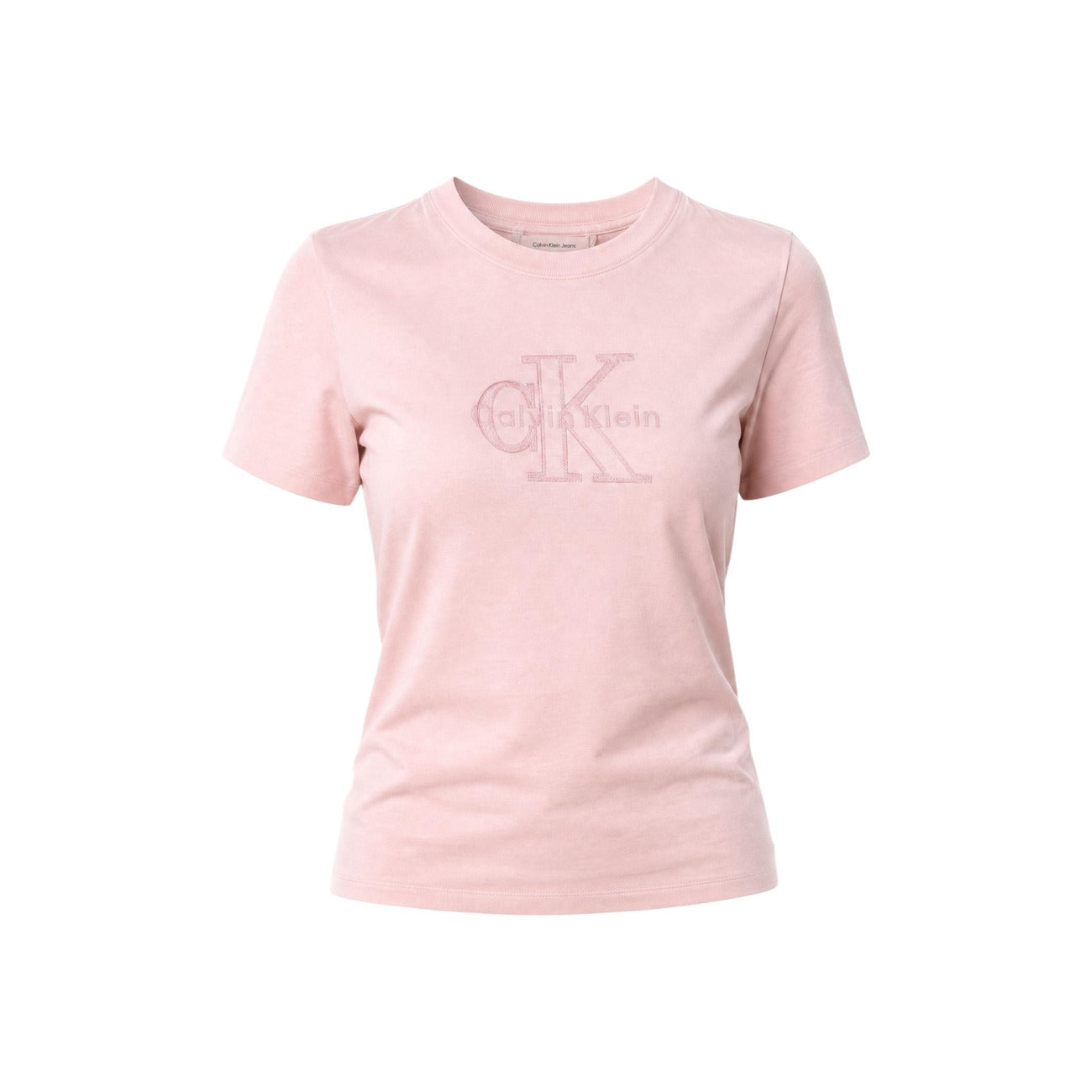 T-shirt rosa Calvin Klein Jeans; 100% Cotone. Girocollo, maniche corte, logo ricamato. Vestibilità regular, fresca e leggera. L'essenziale iconico per il tuo outfit quotidiano. Frontale stesa 
