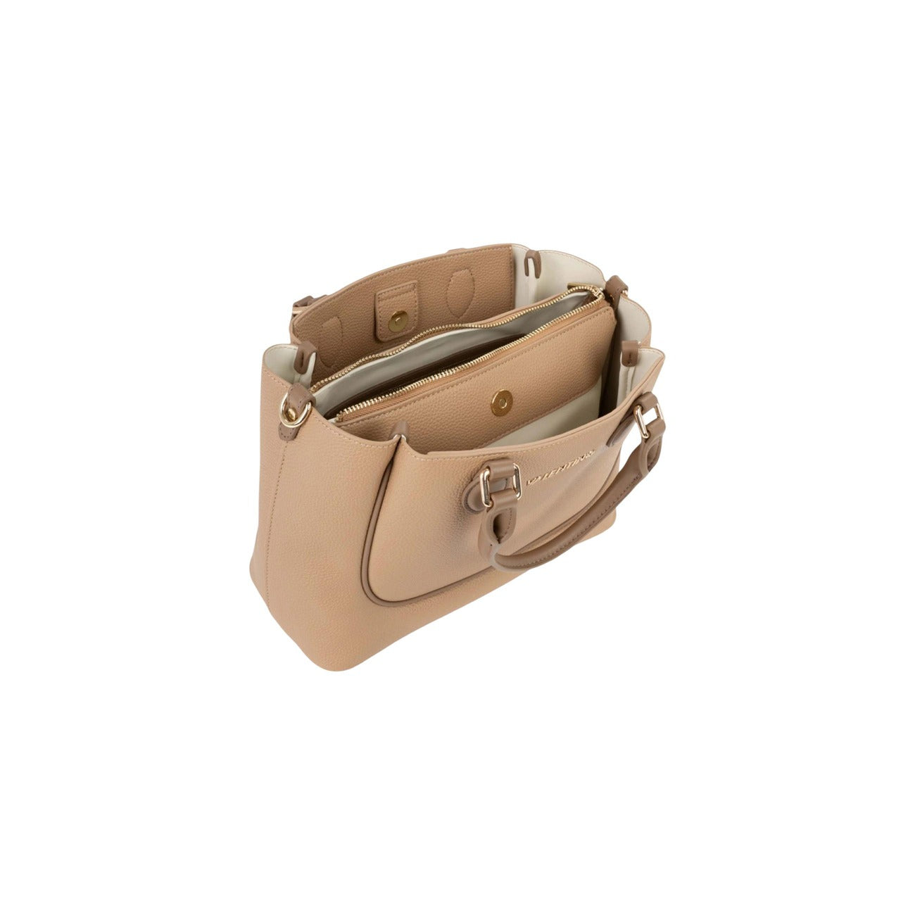 Valentino Bags Daphne RE Shopping Beige; 100% Poliuretano martellato. Doppi manici, tracolla regolabile, chiusura con cerniera. Dimensioni medie, stile 4 stagioni con logo dorato. Vista aperta 
