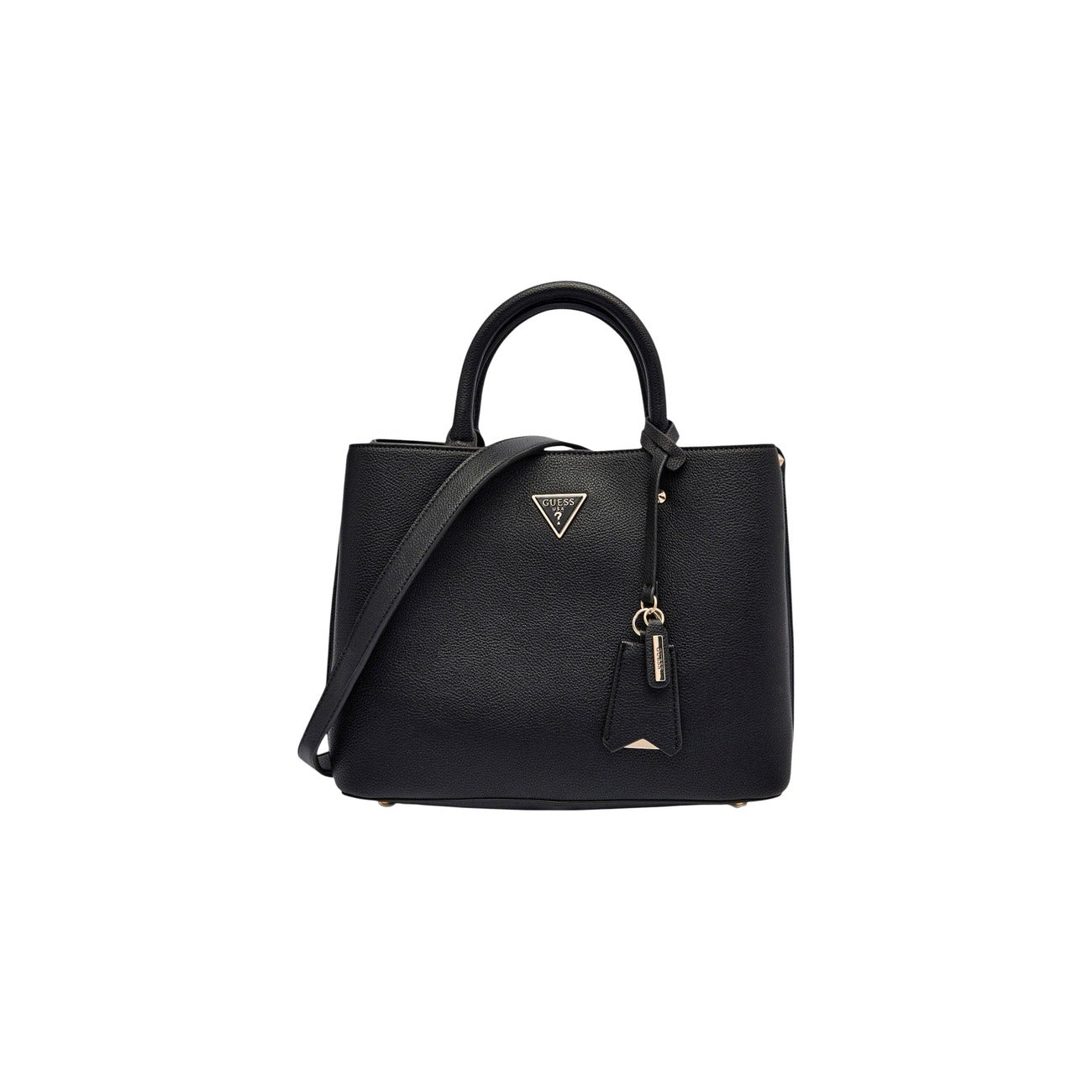 Borsa Guess Meridian II Satchel; 100% Poliuretano. Dettagli borchie, metalleria argento, triplo comparto interno. Doppia portabilità (manici e tracolla removibile). Misure 32x24x12 cm. Stile moderno e grintoso. Vista frontale 