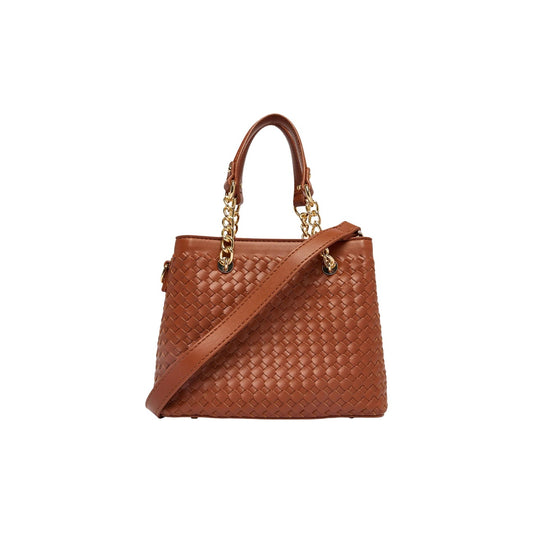 Borsa Piccola Marrone Donna Valentino Bags Gea; Misure 13x25x13 cm. Tessuto 100% poliuretano intrecciato a rilievo con doppi manici, tracolla rimovibile e charm logato con perle. Chiusura a zip, stile elegante 4 stagioni. Posteriore 