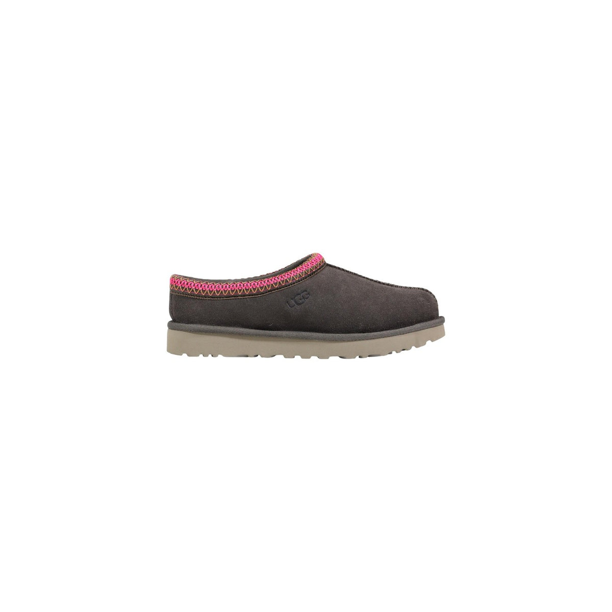 Ciabatte UGG Tasman donna camoscio 1174470 colori grigio nero e bronzo. Sabot bassi senza tacco in pelle scamosciata con bordo ricamato UGGbraid, interno in vero montone e suola ammortizzata in EVA da canna da zucchero.