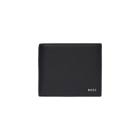Portafoglio BOSS uomo nero con portamonete modello Jace 4cc Coin. Portacarte compatto effetto pelle martellata nera con scomparto banconote e tasca interna per monete a bottone, stile minimal ed elegante.