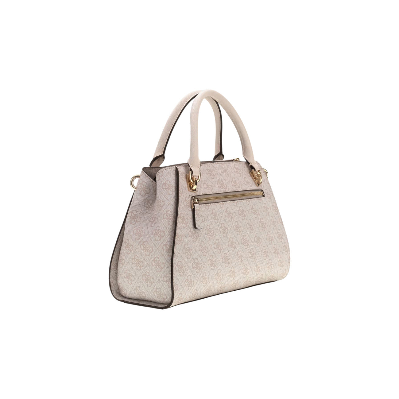 Borsa Satchel Bianca Grande Donna Guess Noelle II; Misure 31x20x13 cm. Tessuto 100% poliuretano con stampa logo, doppi manici, tracolla rimovibile e chiusura con cerniera. Triangolo logo in metallo dorato e tasca posteriore, stile elegante Primavera-Estate. Posteriore laterale 