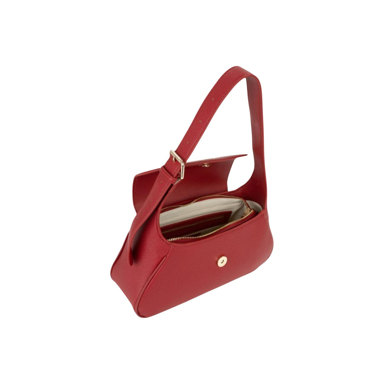Borsa Spalla Rossa Donna Valentino Bags Daphne Re; Dimensioni medie con patta, bottone e tracolla regolabile. Logo metallico frontale, stile casual-elegante per tutte le stagioni.