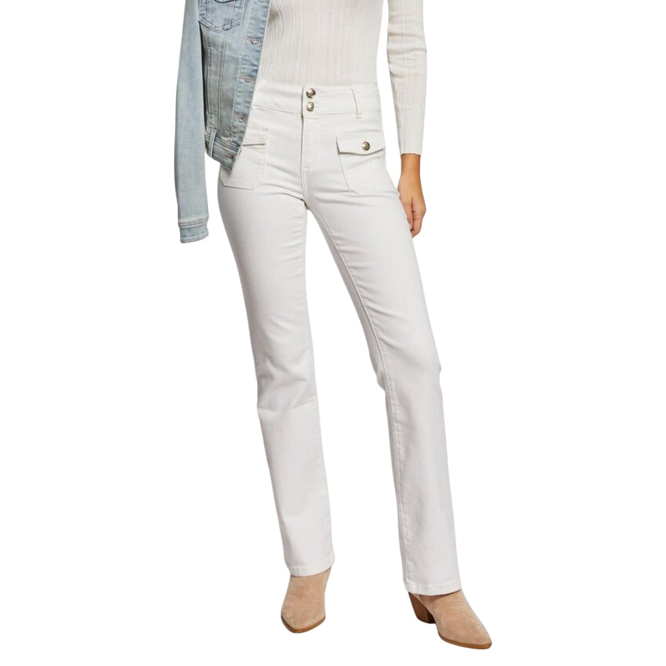 Jeans Morgan De Toi bianco slim fit, vita alta con doppio bottone e tasche con patta decorativa, tessuto confortevole in misto cotone e viscosa. Vista frontale