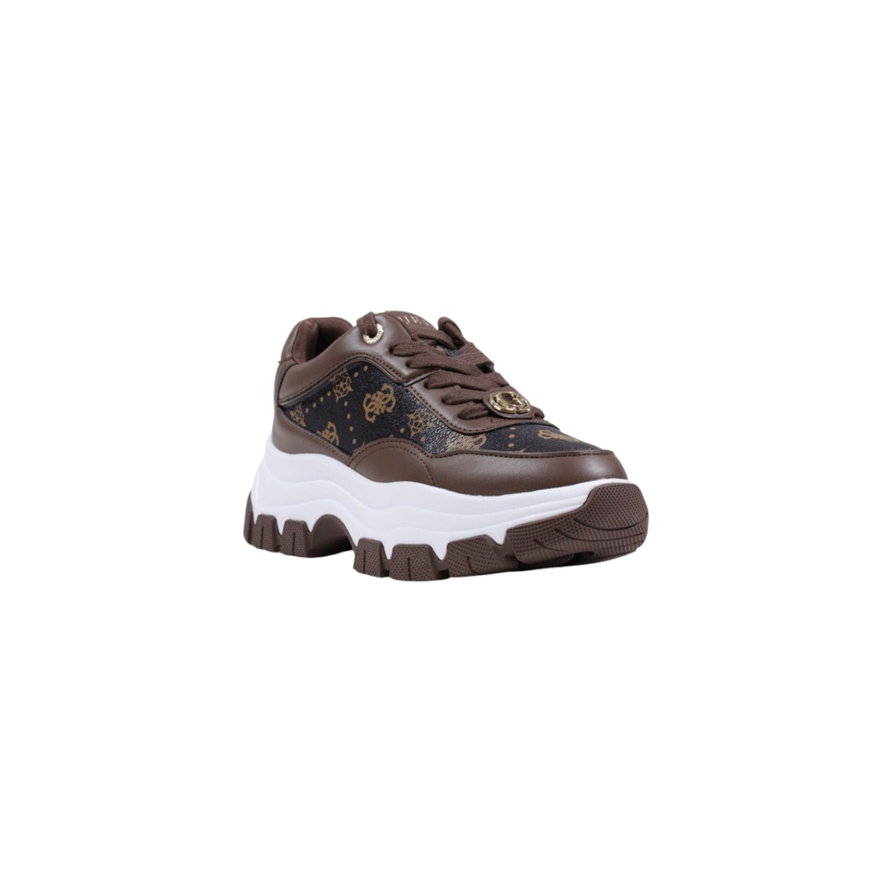 Guess Sneakers runner marroni Berrett2 Chunky; tomaia con stampa logo 4G, suola platform confortevole e finiture raffinate. Un must-have dinamico e di tendenza per il guardaroba femminile. Vista laterale Frontale
