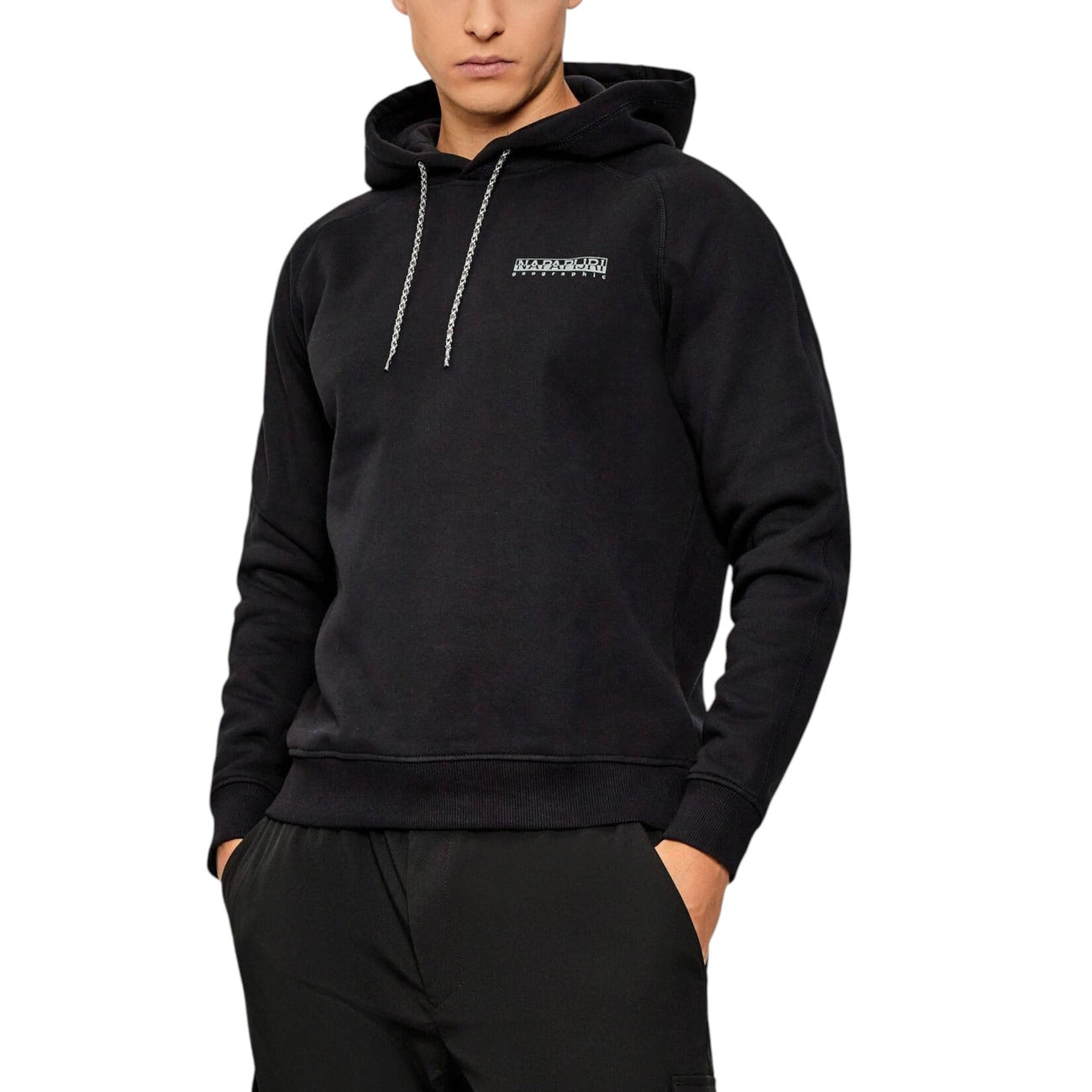 Napapijri Men's Black Hoodie - Long-Sleeved Cotton Sweatshirt with Print