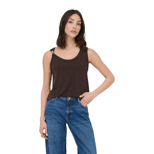 Top JDY Jdyuffa Marrone; Jersey di Viscosa e Poliestere. Dettaglio metallico spalla sinistra, scollo tondo, senza maniche. Tessuto morbido e flessibile, stile casual-chic per Primavera/Estate. Vista frontale 