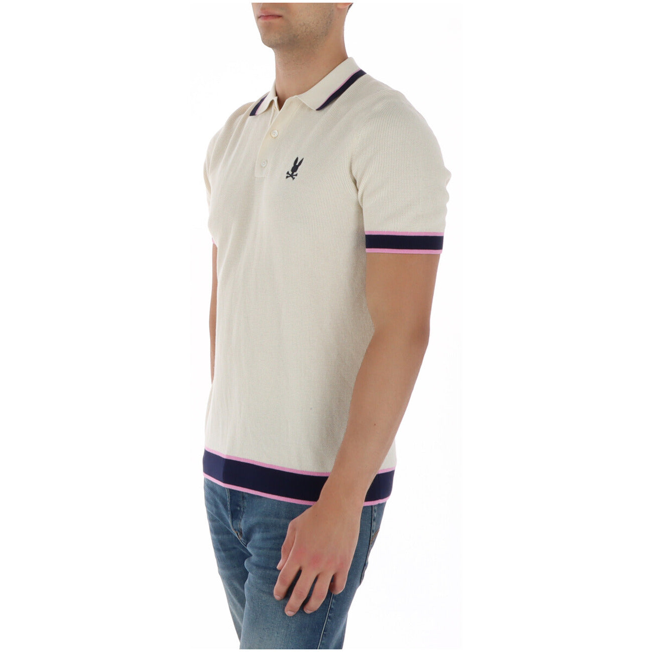 Polo Psycho Bunny Beige Dax Knit; 100% Cotone effetto maglia. Colletto strutturato, logo ricamato a contrasto, maniche corte. Vestibilità regular, ideale per la stagione Primavera/Estate. Laterale 