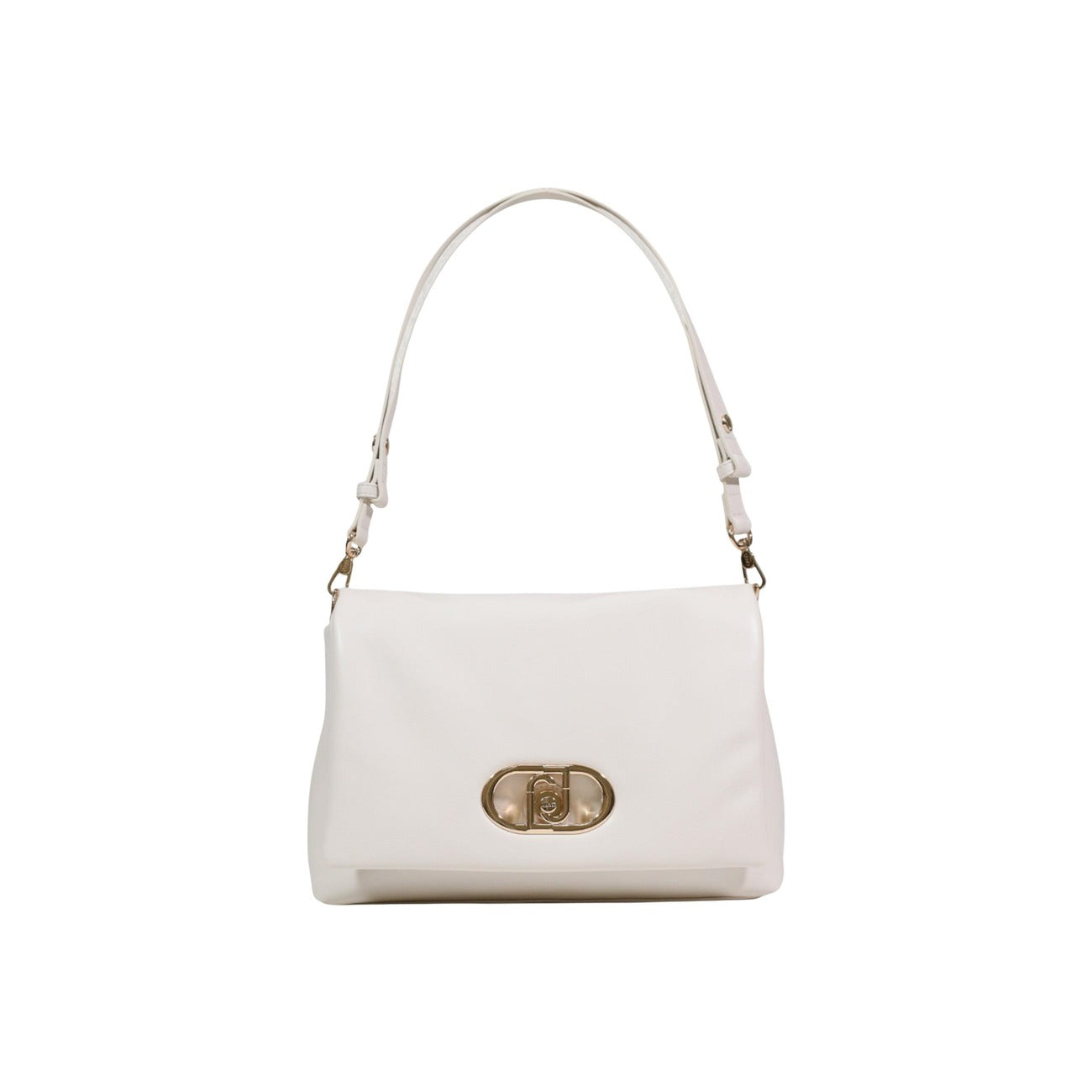 Borsa Liu Jo panna; Effetto Nappa. Manico a catena, tracolla removibile, chiusura con bottone magnetico. Dimensioni 32x22x12 cm. Linea ecosostenibile Liu Jo Better. Accessorio sofisticato per la stagione Primavera/Estate. Vista frontale Con manico 