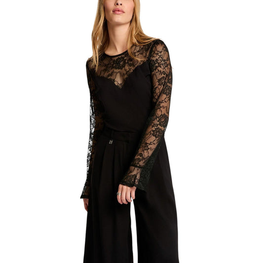 Blusa Morgan De Toi manica lunga donna nera con bottone scollo tondo 63% viscosa 30% poliammide 6% elastan - vista frontale indossata da modello