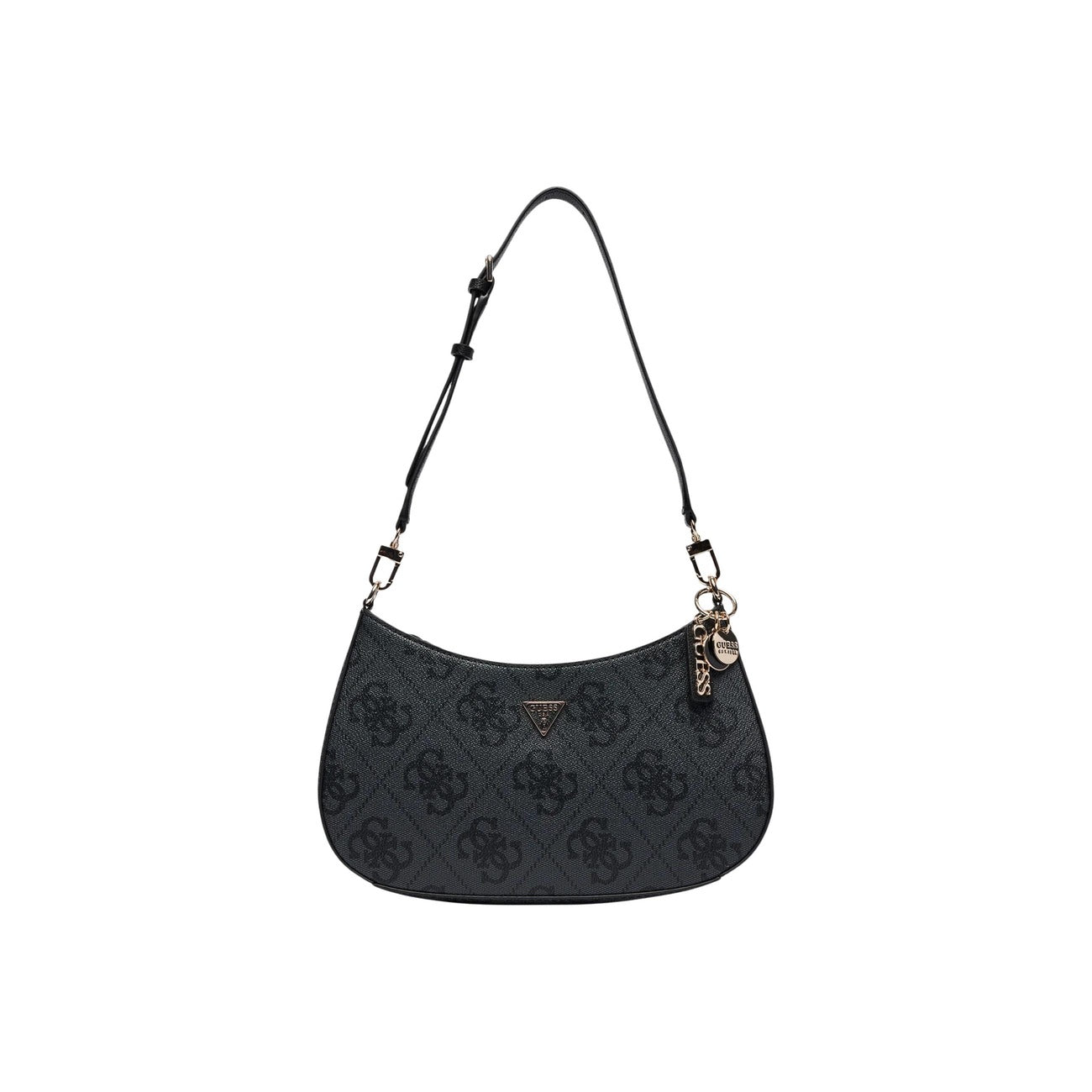 Guess Noelle II Shoulder Bag; 100% Poliuretano. Stampa 4G nero, chiusura zip, metalleria dorata. Borsa donna a mano 29x18x6 cm con tasche esterne ed interne.