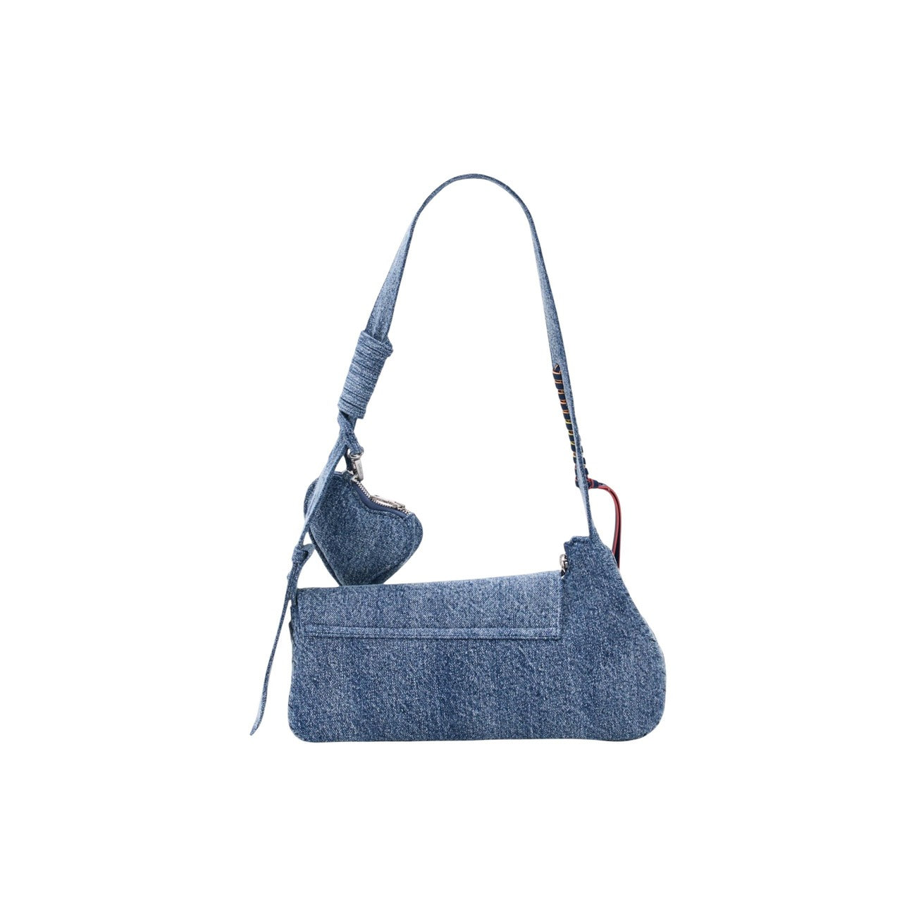 Piccola borsa in denim con dettagli ricamati. Presenta una tracolla lunga regolabile e un fiocco laterale. Design semplice con chiusura a cerniera a vista nella parte superiore.
Tessuto denim 100% vista posteriore