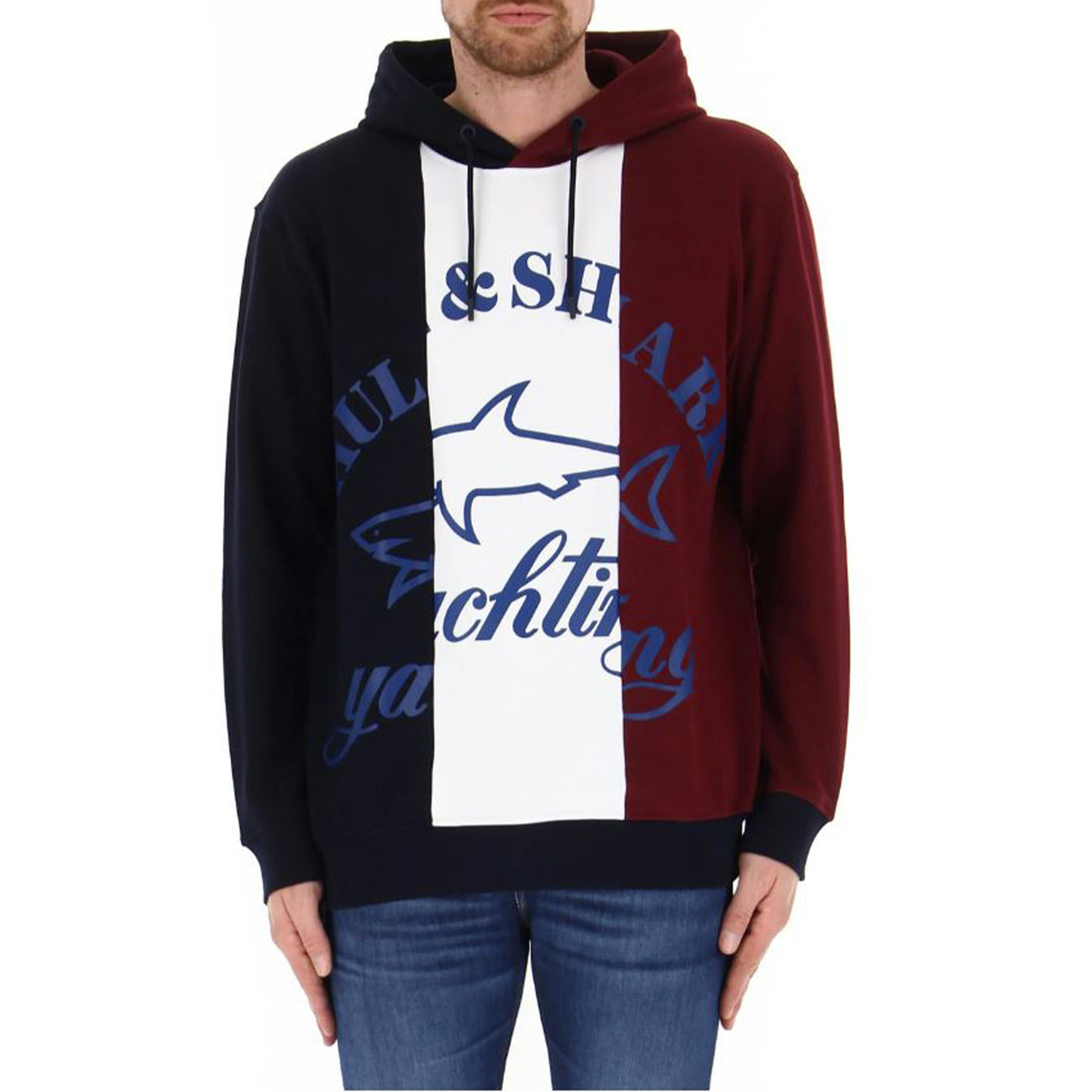 Felpa Paul&Shark Tricolor; Cotone Felpato. Blu Navy/Bianco/Borgogna, maxi logo stampato, cappuccio strutturato. Hoodie uomo premium dal design sportivo e iconico. Vista frontale 