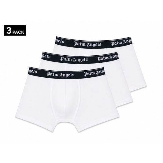 Set 3 Boxer Palm Angels; bianco. Fascia elastica logata, cotone elasticizzato, taglio aderente. Comfort premium e stile iconico in un unico pack. Frontale 