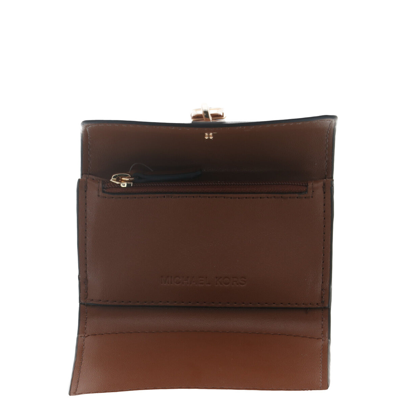  portafoglio compatto Michael Kors Hamilton Moderne con stampa logo in marrone/ghianda. Vista frontale aperto 