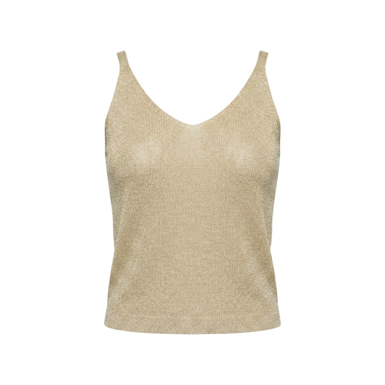 Gilet Maglia Only Shina Glitter; Scollo a V. Tessuto morbido con dettagli luminosi, vestibilità regolare. Versatile, elegante e di tendenza. Colore tinta unita con riflessi glitter Colore oro. Vista frontale stesa