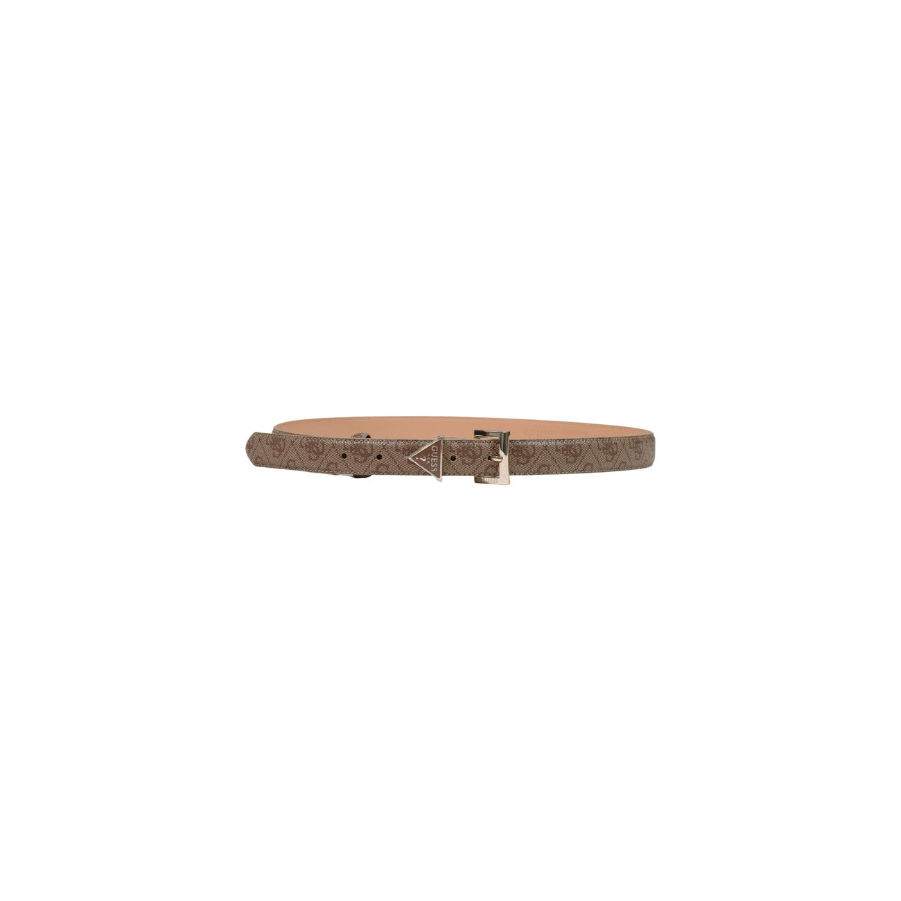 Cintura Donna Beige Guess Noelle; Larghezza 2,5 cm in poliestere e rivestimento in pelle con motivo 4G. Chiusura regolabile con fibbia oro pallido e dettaglio triangolo logo, stile elegante Frontale chiusa 