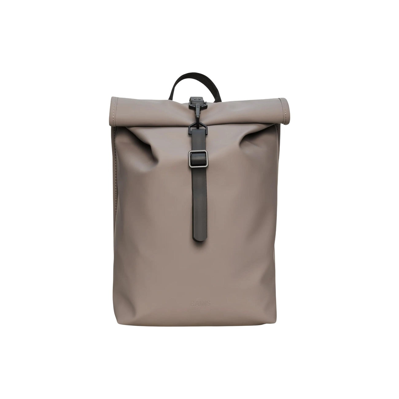 Zaino Rains Rolltop Rucksack Mini Cinder grigio 13330. Zainetto impermeabile per bici e città con chiusura rolltop a moschettone, scomparto imbottito e schienale traspirante, zaino casual idrorepellente per la pioggia.
