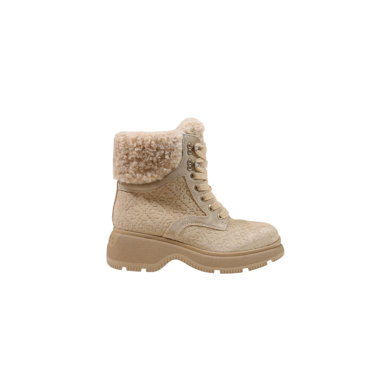 Stivaletti anfibi Guess Vikki FLFVIK SUE10 donna. Scarponcini invernali effetto velluto con logo impresso, risvolto caldo in ecopelliccia imbottita, tacco comodo 6 cm e suola carro armato antiscivolo. Beige 