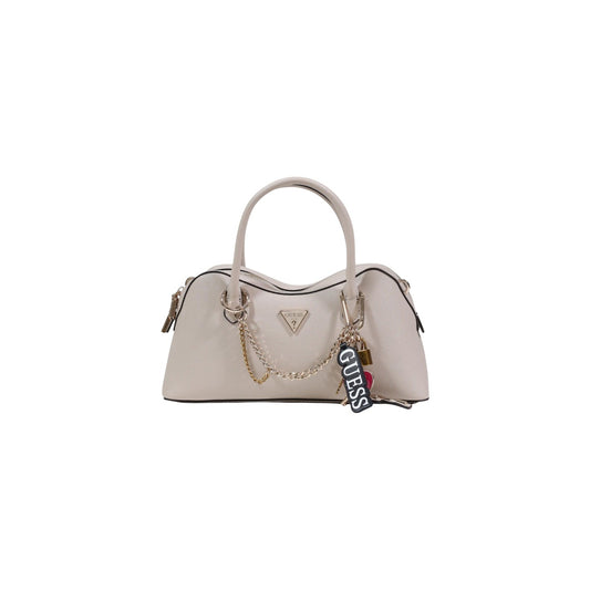 Borsa Guess Davina Satchel Beige; 100% Poliuretano. Dettagli dorati, charm logati, tracolla removibile. Borsa a mano donna elegante e strutturata. Vista frontale 