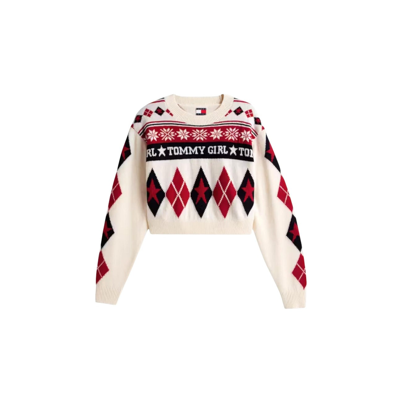 Pullover Tommy Girl; 100% lana. Motivo Fair Isle, logo a intarsio, fit squadrato e spalle scese. Maglia girocollo in lana calda dallo stile vintage-contemporaneo. Vista stesa frontale 