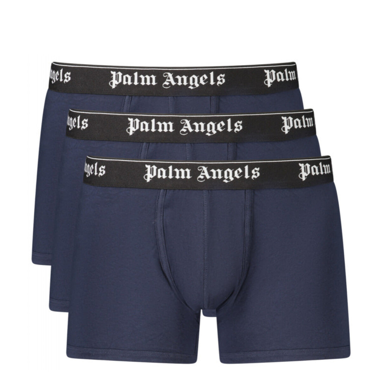 Set 3 Boxer Palm Angels; Blu Navy. Fascia elastica logata, cotone elasticizzato, taglio aderente. Comfort premium e stile iconico in un unico pack.