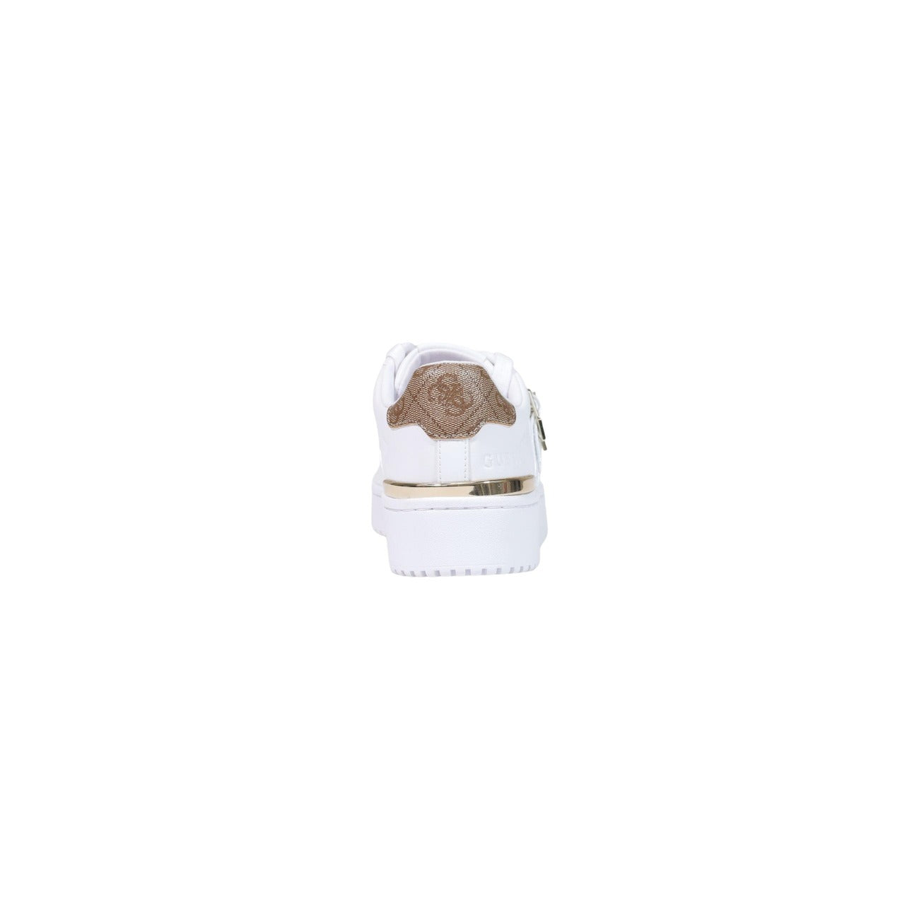 Scarpe Guess Maggnet bianche e oro donna FLFMAG ELE12. Sneakers basse platform bianche da donna con dettagli laminati metallici dorati, suola alta 4 cm e logo a rilievo sul retro, scarpe casual glamour 4 stagioni.