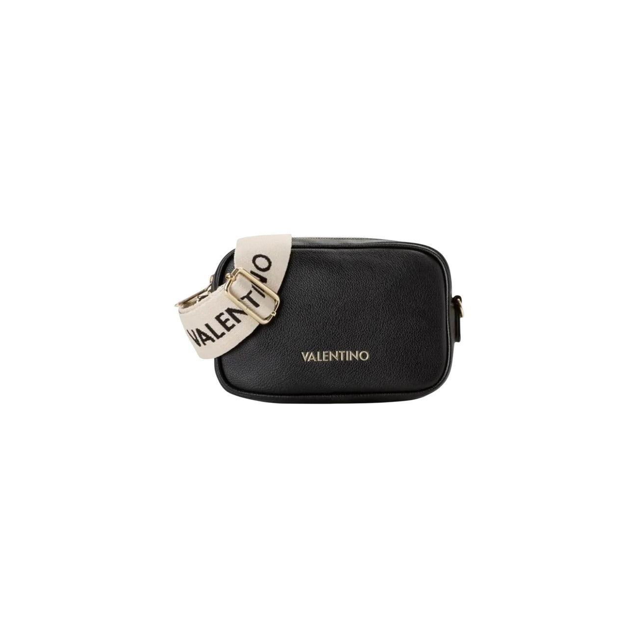 Borsa Piccola Nera Donna Valentino Bags Doris; Misure 7x14x6 cm. Tessuto 100% poliuretano martellato stile camera bag con chiusura a zip. Tracolla in nastro regolabile logata a contrasto, stile casual 4 stagioni. Vista frontale 