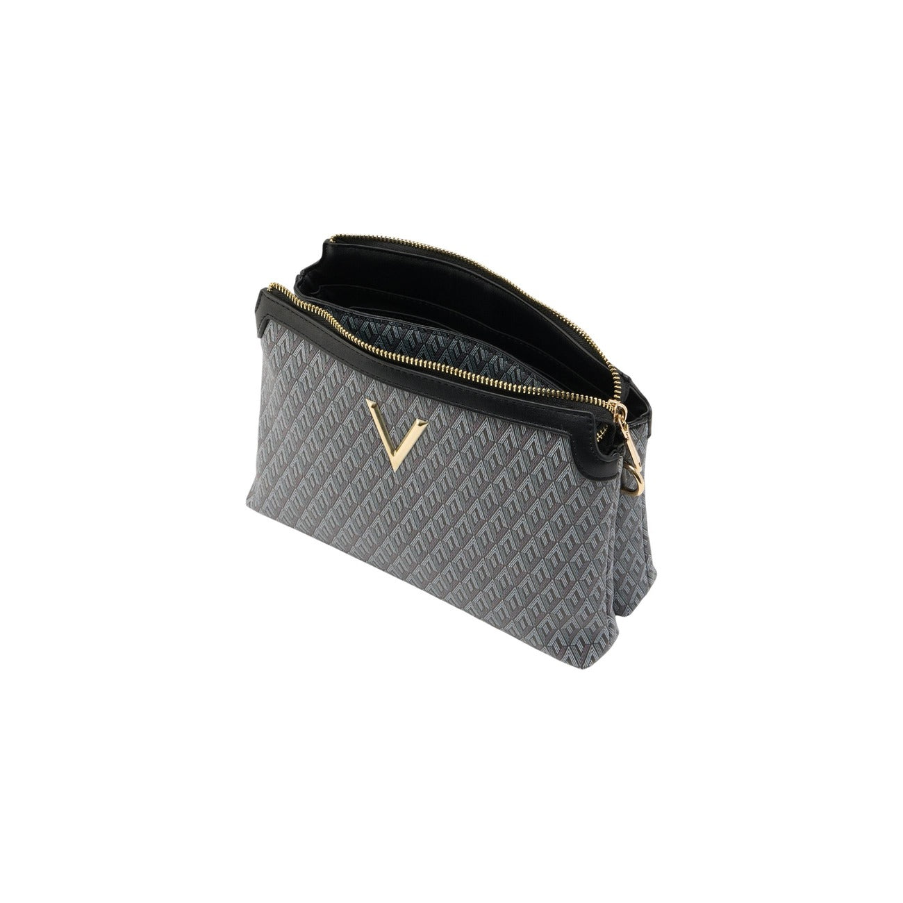 Valentino Bags Queen Re VBS9OX42, borsa nera a tracolla con motivo geometrico e logo a V; interni organizzati, chiusura sicura con zip e design moderno in 100% poliuretano. Vista frontale Apertura dall’alto 
