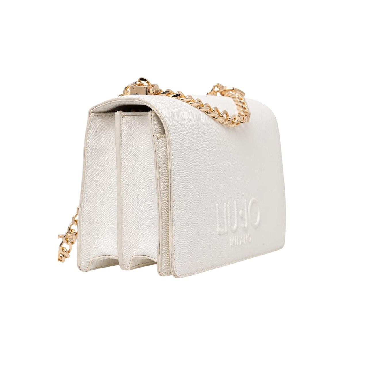 Liu Jo ECS M Crossbody bianca; borsa a spalla con hardware dorato, interno organizzato e finitura in poliuretano di alta qualità, stile chic e versatile per la mezza stagione. Vista laterale 