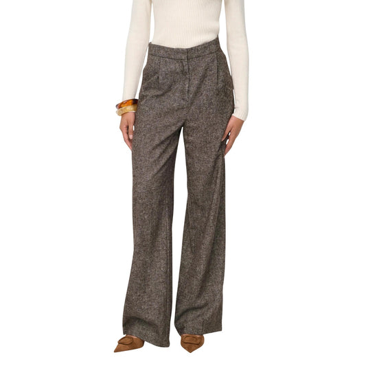 Pantaloni Only Onlbekka Wide; Effetto Lana. Vita alta, gamba larga, tessuto riciclato stretch. Pantalone palazzo donna elegante e versatile, Colore marrone vista frontale 