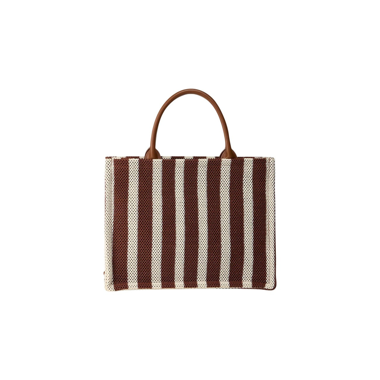 Borsa Tote Replay a righe Bianco/Marrone. Logo ricamato, chiusura con zip, doppi manici e tracolla. Dimensioni maxi 39x30x15 cm. Design bicolore leggero e resistente per la stagione estiva e oltre. Vista posteriore 