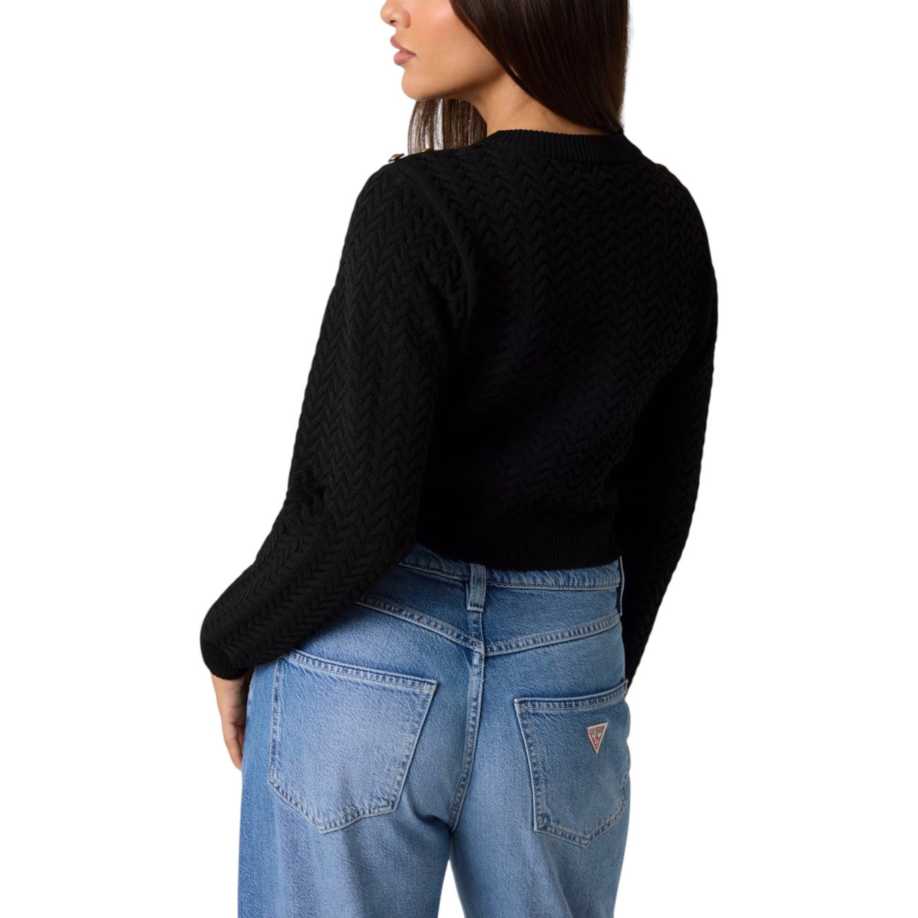 Guess Maglia Donna Nera Maniche Lunghe - Maglia Poliestere Scollo Tondo Autunno Inverno