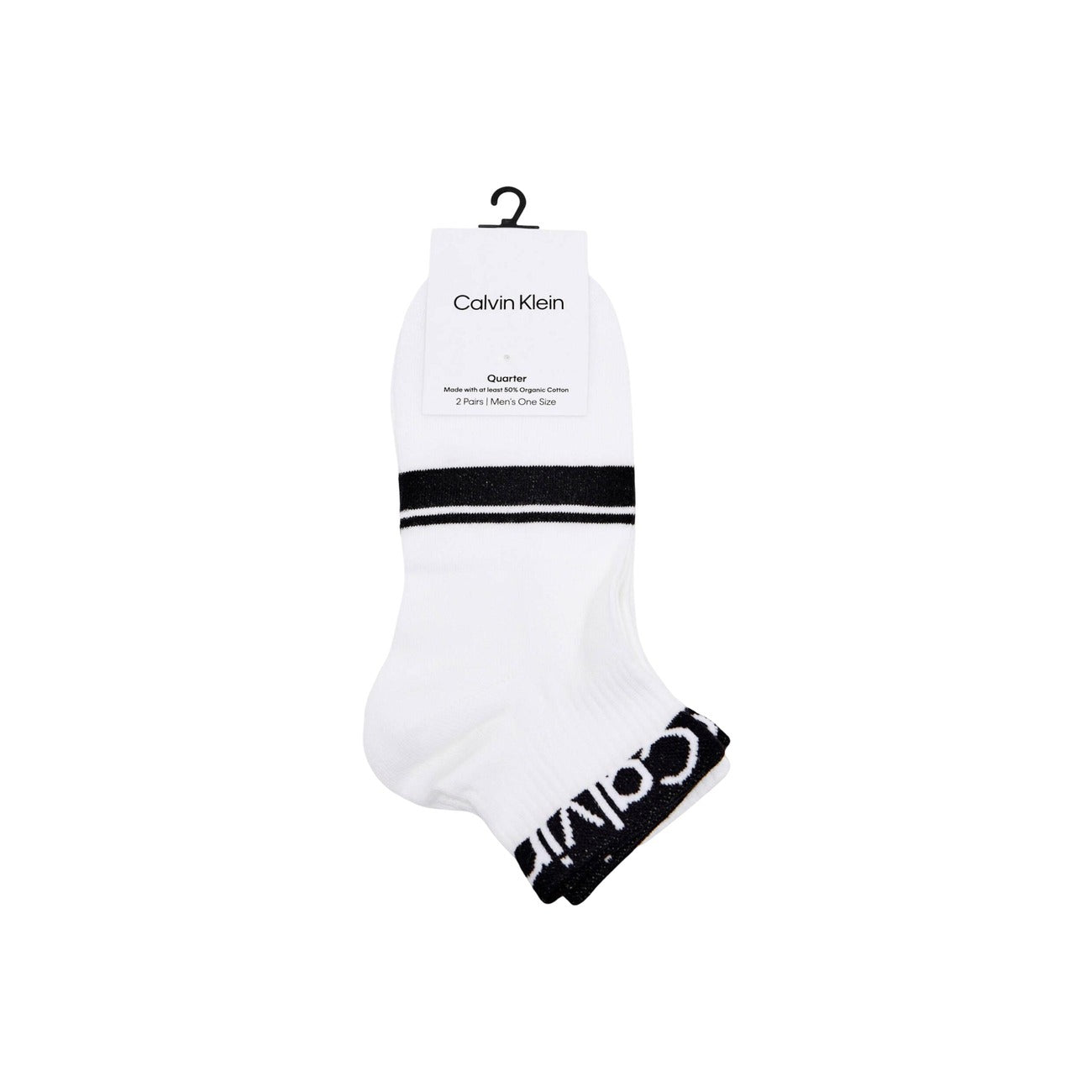 Calzini Calvin Klein Quarter Varsity; Bianco/Nero. 69% Cotone, 29% Poliammide, 2% Lycra. Design a righe orizzontali, logo integrato, vestibilità unisex stretch.