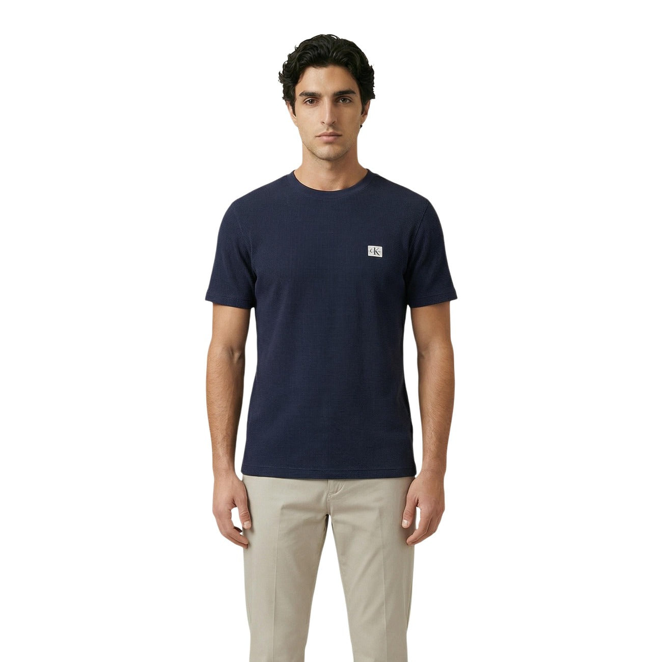 T-shirt uomo Calvin Klein Jeans basic blu in cotone a maniche corte con logo applicato e scollo tondo
