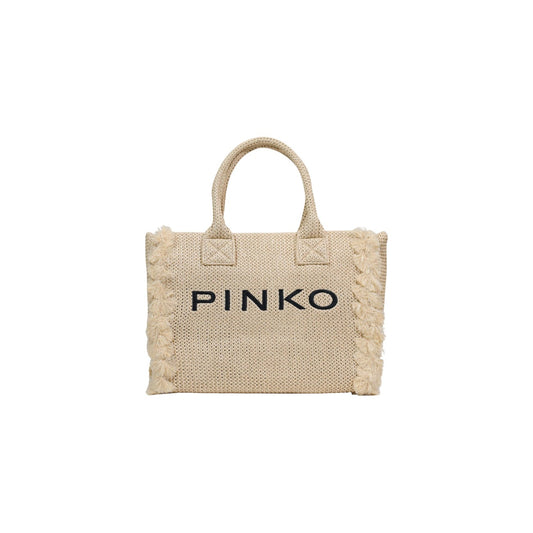Shopper Pinko Beach Rafia; Texture intrecciata, logo ricamato, dettagli con frange. Borsa grande estiva con manici a spalla. Leggera, capiente e di tendenza. Vista frontale 