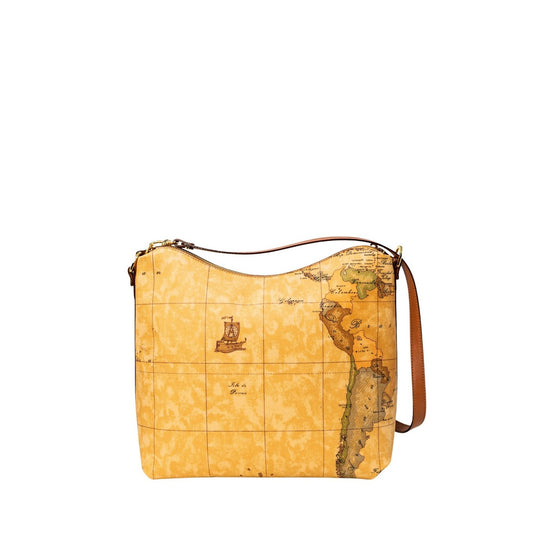 Borsa Hobo Grande Donna Alviero Martini Prima Classe; Beige Geo Classic. 100% Pregiata pelle stampata, chiusura con zip e tracolla regolabile in pelle. Struttura a sacca morbida e capiente (32,5x29,5 cm), stile Heritage. Posteriore 