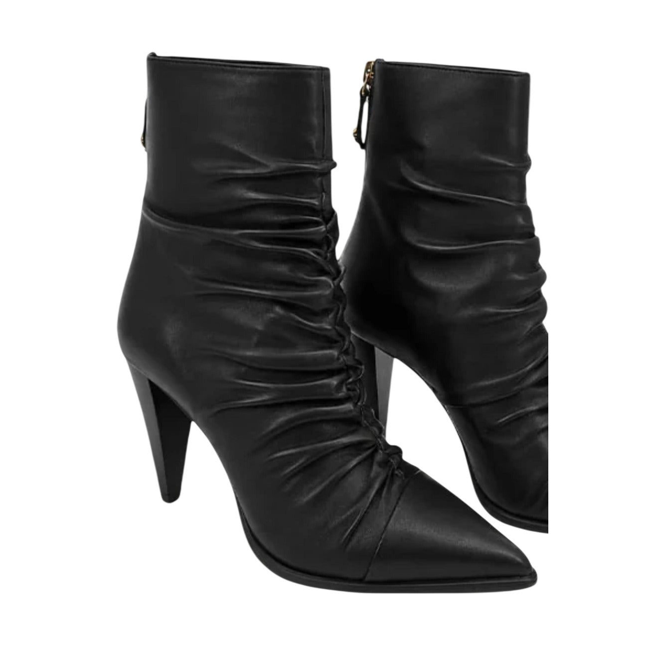 Stivaletti Pinko VANE 02 neri da donna SD0587P003. Ankle boots eleganti neri a punta con effetto arricciato, tacco alto 9 cm a rocchetto e cerniera zip dorata sul retro con tirante logo, scarpe da sera e mezza stagione.