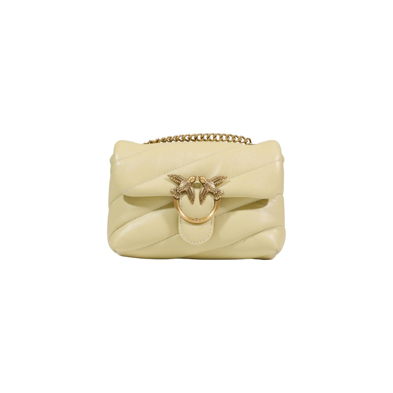 Borsa Pinko Love Puff Baby Giallo; 100% Pelle Nappa. Design trapuntato soffice, fibbia dorata Love Birds, tracolla a catena. Formato piccolo (19cm), stile 4 stagioni elegante. Vista frontale 