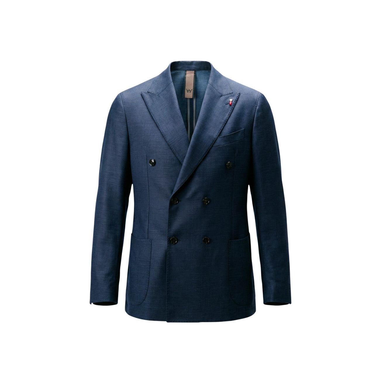 Abito Doppiopetto Mulish Blu; Modello Giorgione. Giacca 4 bottoni, revers a lancia, pantalone dritto. Tessuto comfort-stretch, vestibilità moderna. Ideale per cerimonie e business. Codice: ABS707. Vista stesa 