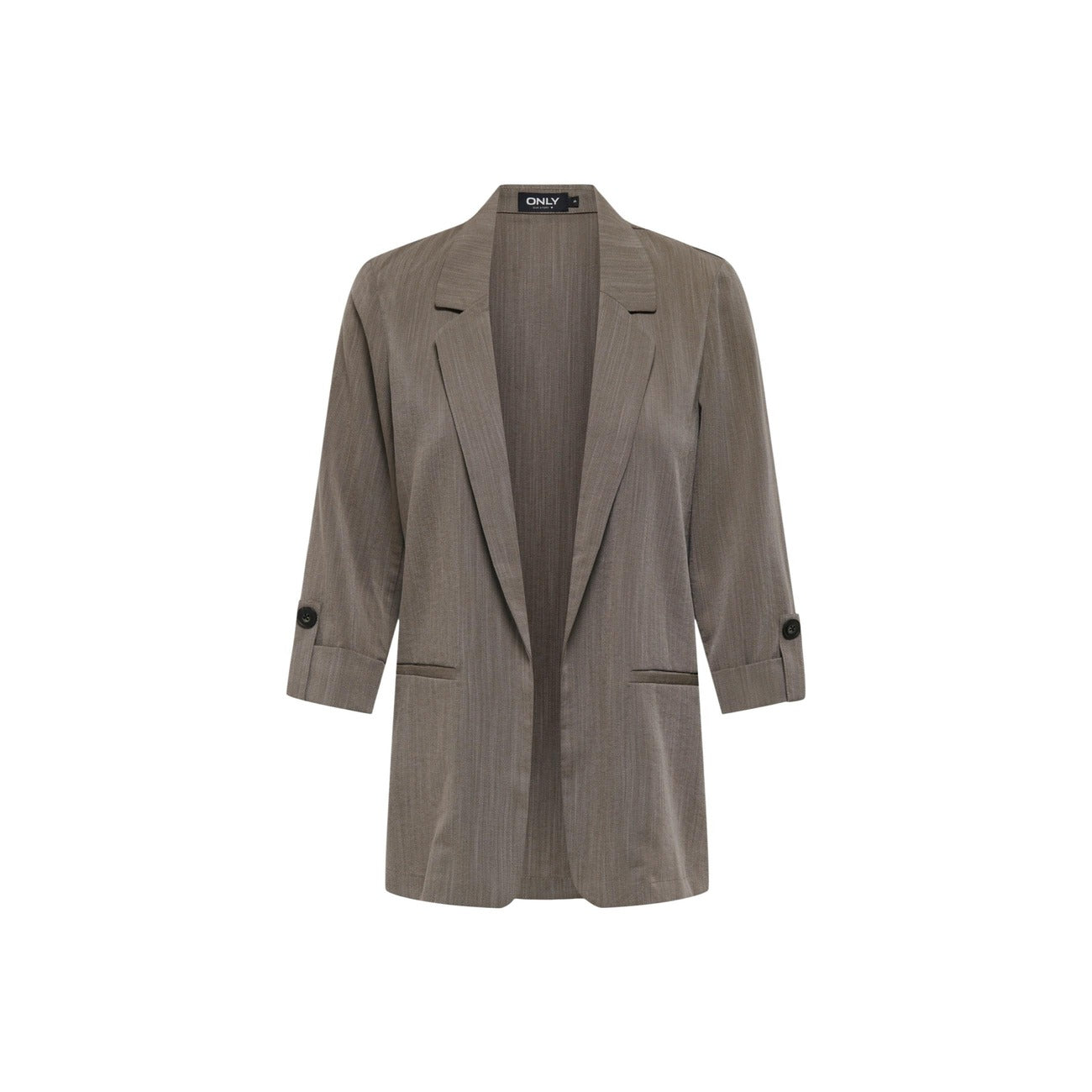 Blazer Only Onlmarsa; 53% Viscosa. Maniche 3/4 con risvolto, tasche laterali, senza chiusura. Giacca donna leggera, traspirante e antipiega per la PE26. Colore marrone vista frontale Stesa