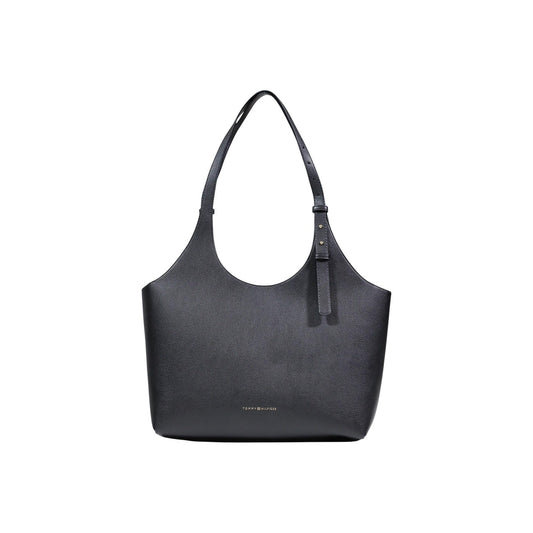 Borsa Tote donna Tommy Hilfiger; 100% Poliuretano. Logo metallico, tracolla regolabile, design ampio e leggero. Shopper nera versatile per ufficio e casual-chic. Vista frontale 