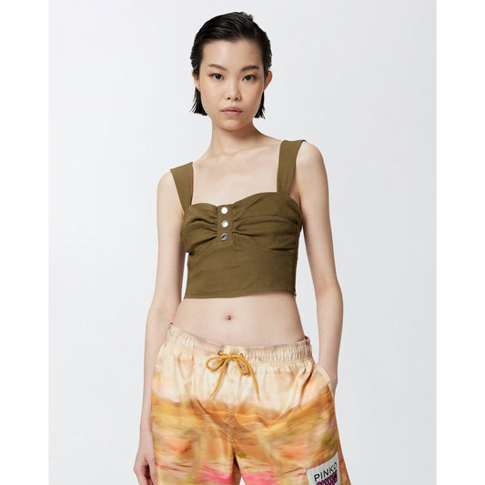 Top Pinko Verde; 55% Lino, 42% Viscosa. Schiena scoperta, chiusura con zip, bottoni decorativi. Tessuto leggero, vestibilità elegante, ideale per eventi estivi e tempo libero chic. Vista frontale 
