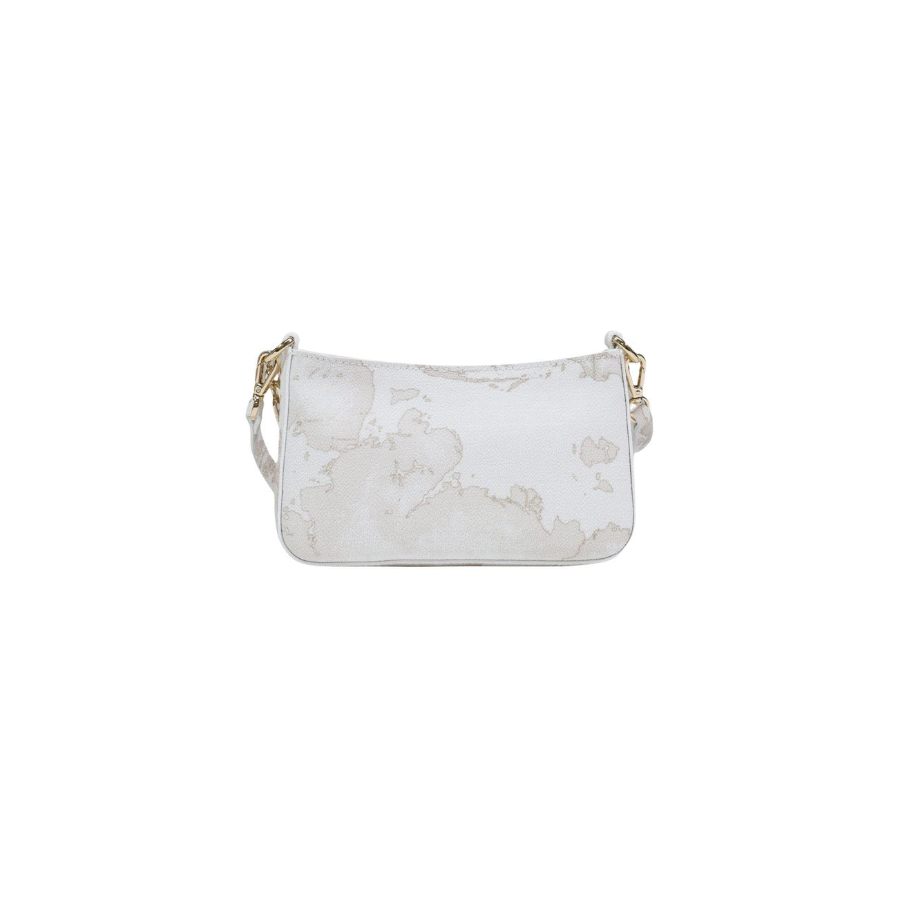 Pochette Alviero Martini 1ᴬ Classe; Mix Geo White/Classic. Metalleria oro chiaro, manico a catena e tracolla rimovibile. Interno organizzato con portatessere. Ideale per look da cerimonia e serate eleganti. Vista posteriore 
