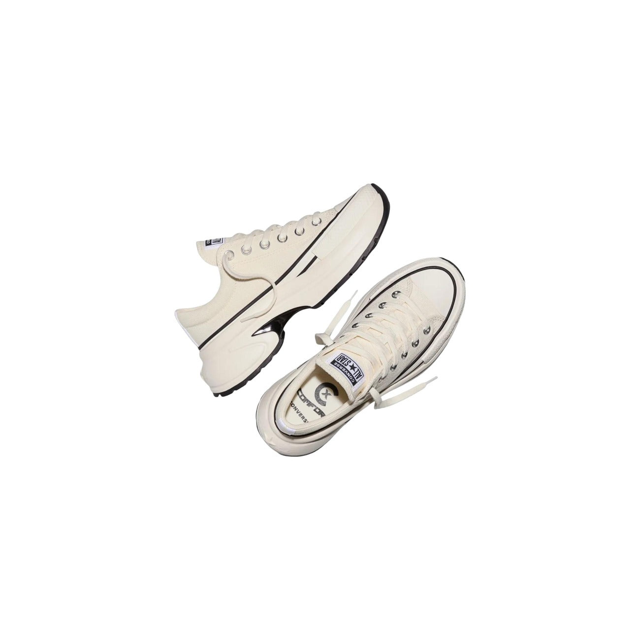 Sneakers Converse Run Star Crush OX bianche donna A19266C. Scarpe sportive da donna bianche in tela tessuto con suola platform alta 5 cm, tacco chunky sagomato e occhielli metallici, scarpe da ginnastica basse 4 stagioni.