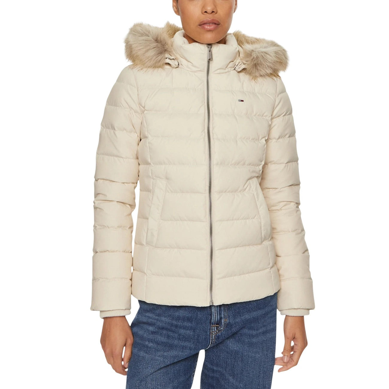 Giubbotto Tommy Hilfiger Jeans donna bianco con cerniera e cappuccio - vista frontale